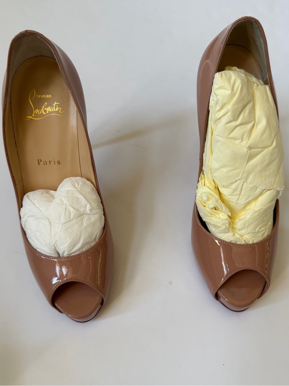 Christian Louboutin Patent Peep-Toe Pumps in Dusty Nude